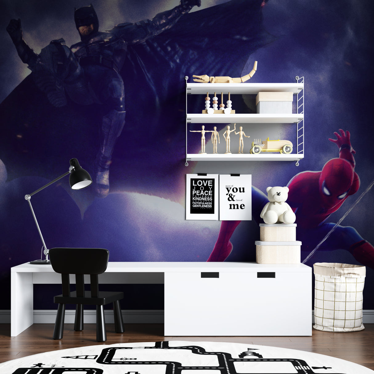 Batman and Spiderman wall mural displayed in teen bedroom with contemporary furniture