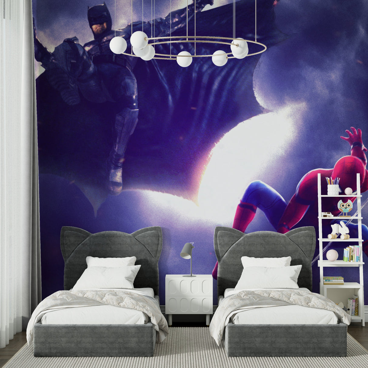 Comic book mural wallpaper in home theater setup with dramatic lighting