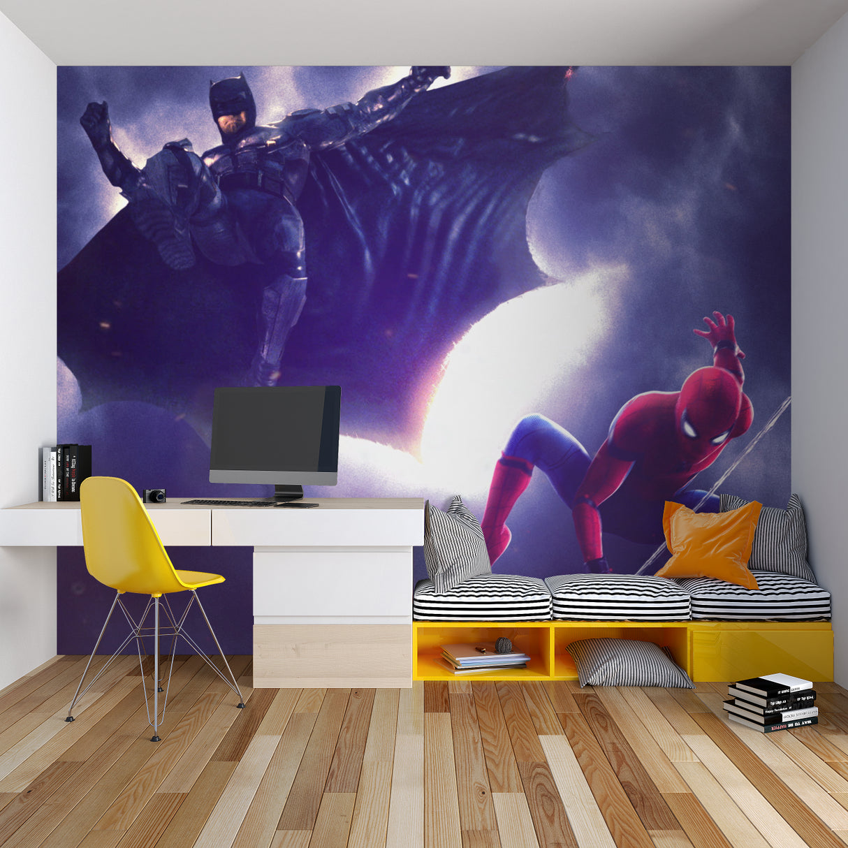 Superhero themed wallpaper bringing epic action to media room setting