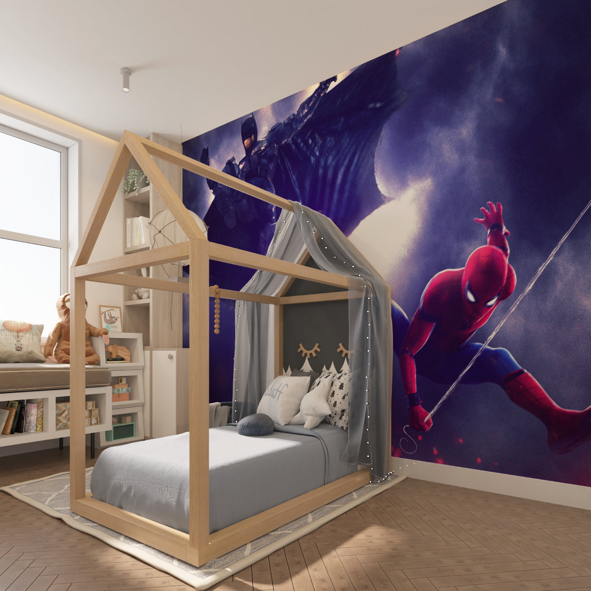Batman and Spiderman mural creating focal point in modern living space