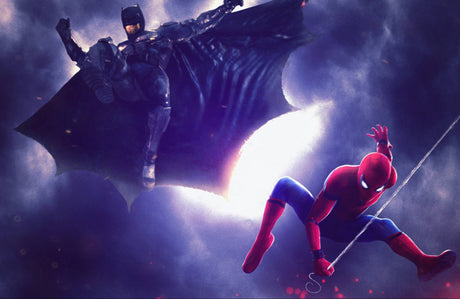 Design file showing detailed superhero mural pattern with Batman and Spiderman