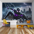 Superhero wall mural bringing dynamic action to a modern gaming room with purple and black tones