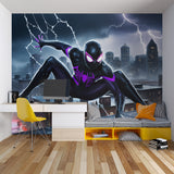 Superhero wall mural bringing dynamic action to a modern gaming room with purple and black tones