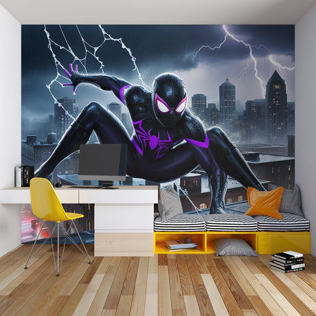 Superhero wall mural bringing dynamic action to a modern gaming room with purple and black tones