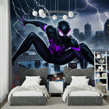 Teen bedroom showcasing spider hero wallpaper with dramatic lightning effects