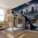 Home office transformed with urban superhero mural featuring night city scene