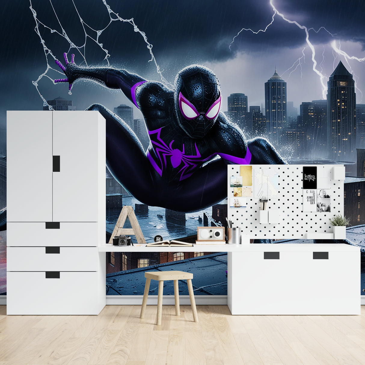 Media room displaying dramatic superhero wall design with purple accents