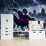 Media room displaying dramatic superhero wall design with purple accents