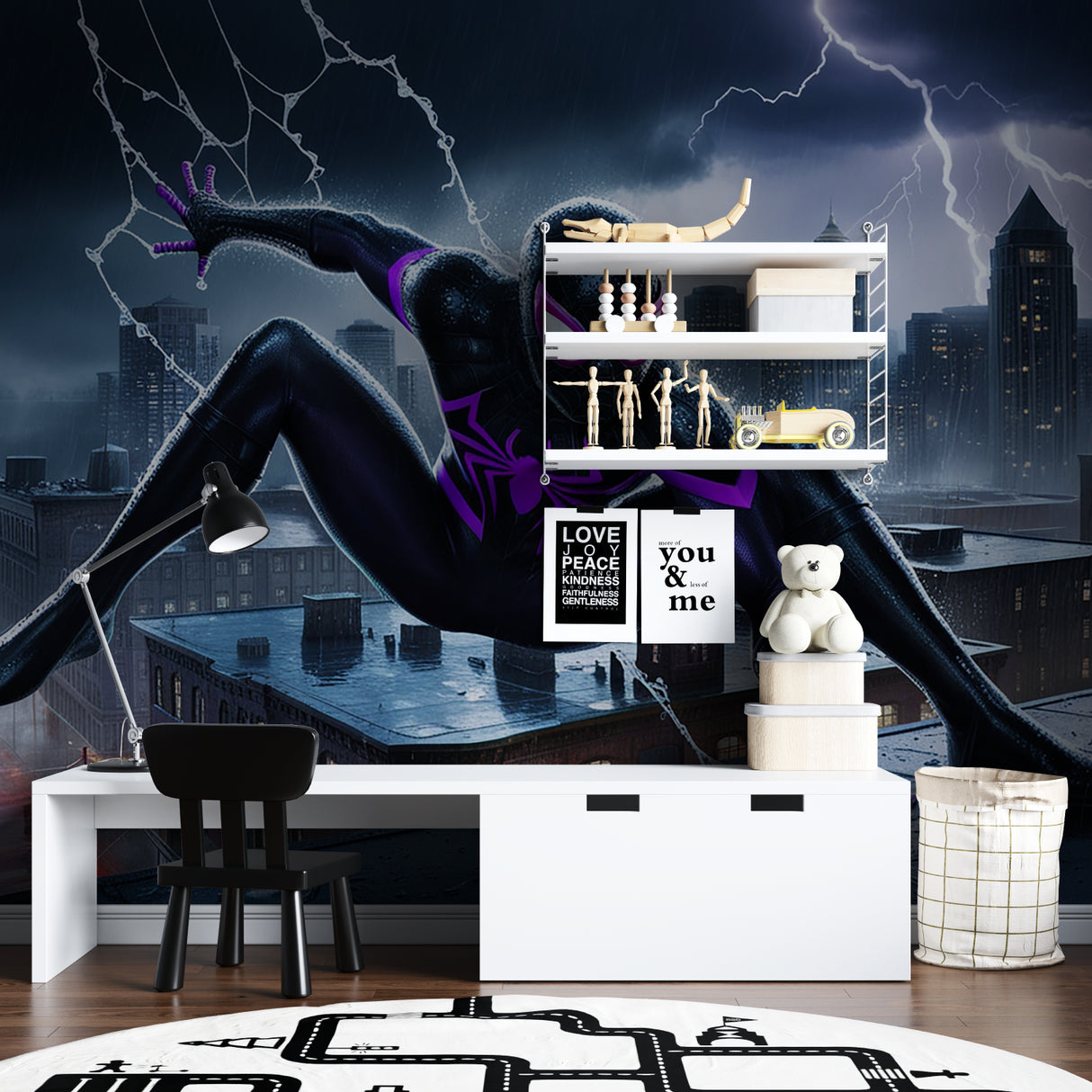 Recreation space featuring spider-themed hero mural with stormy cityscape