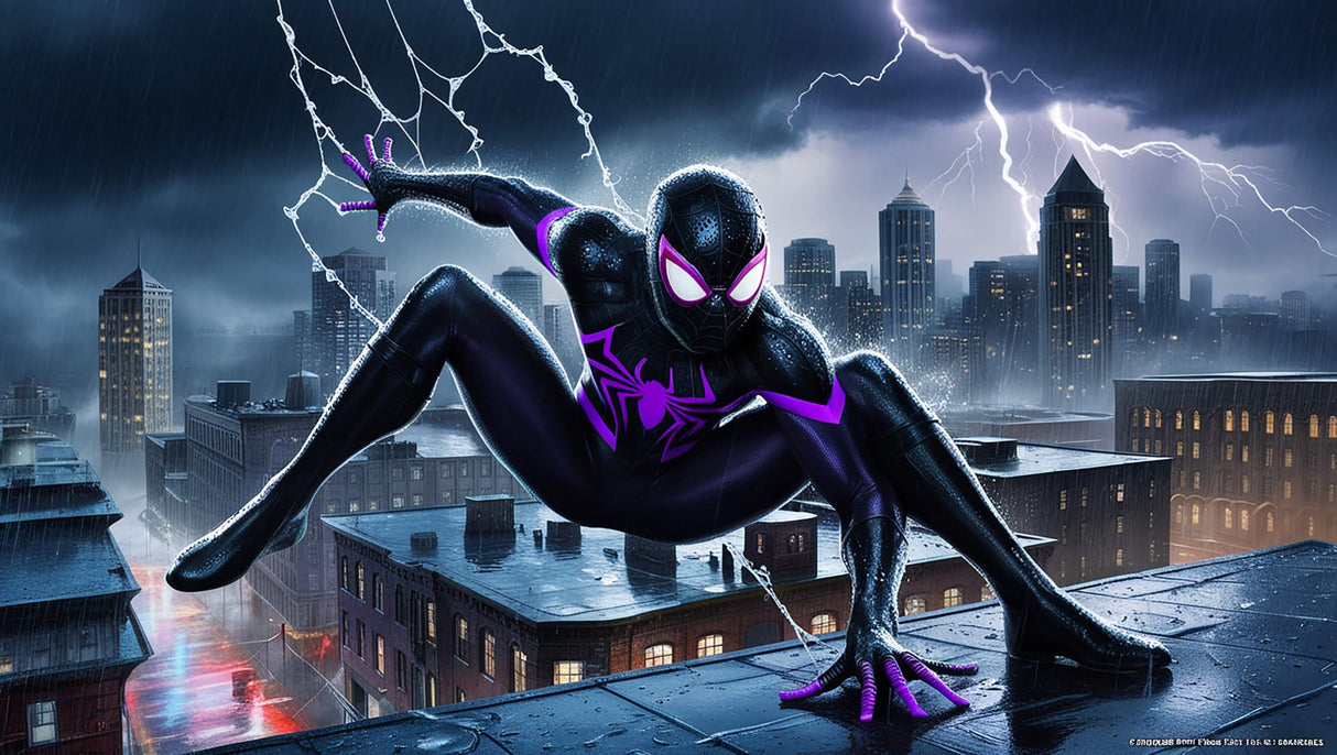 Design file showing detailed superhero pattern with black suit and purple lightning effects