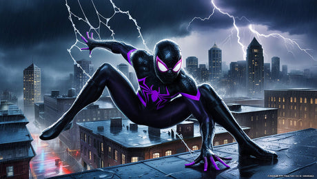 Design file showing detailed superhero pattern with black suit and purple lightning effects