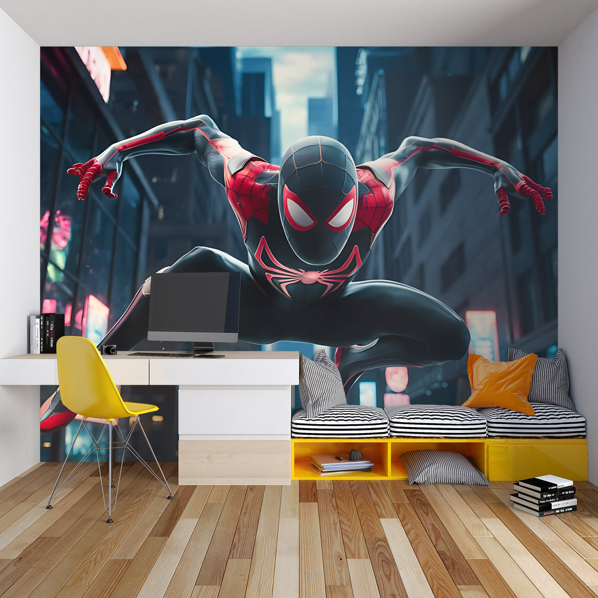 Superhero wall mural bringing excitement to a modern kids bedroom with dramatic lighting effects