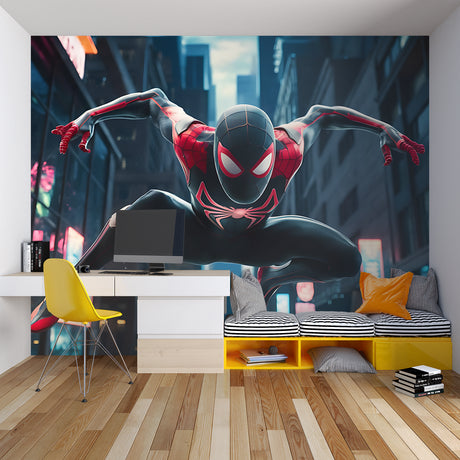 Superhero wall mural bringing excitement to a modern kids bedroom with dramatic lighting effects