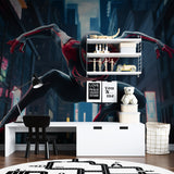 Spider hero wallpaper creating an epic gaming room atmosphere with urban backdrop