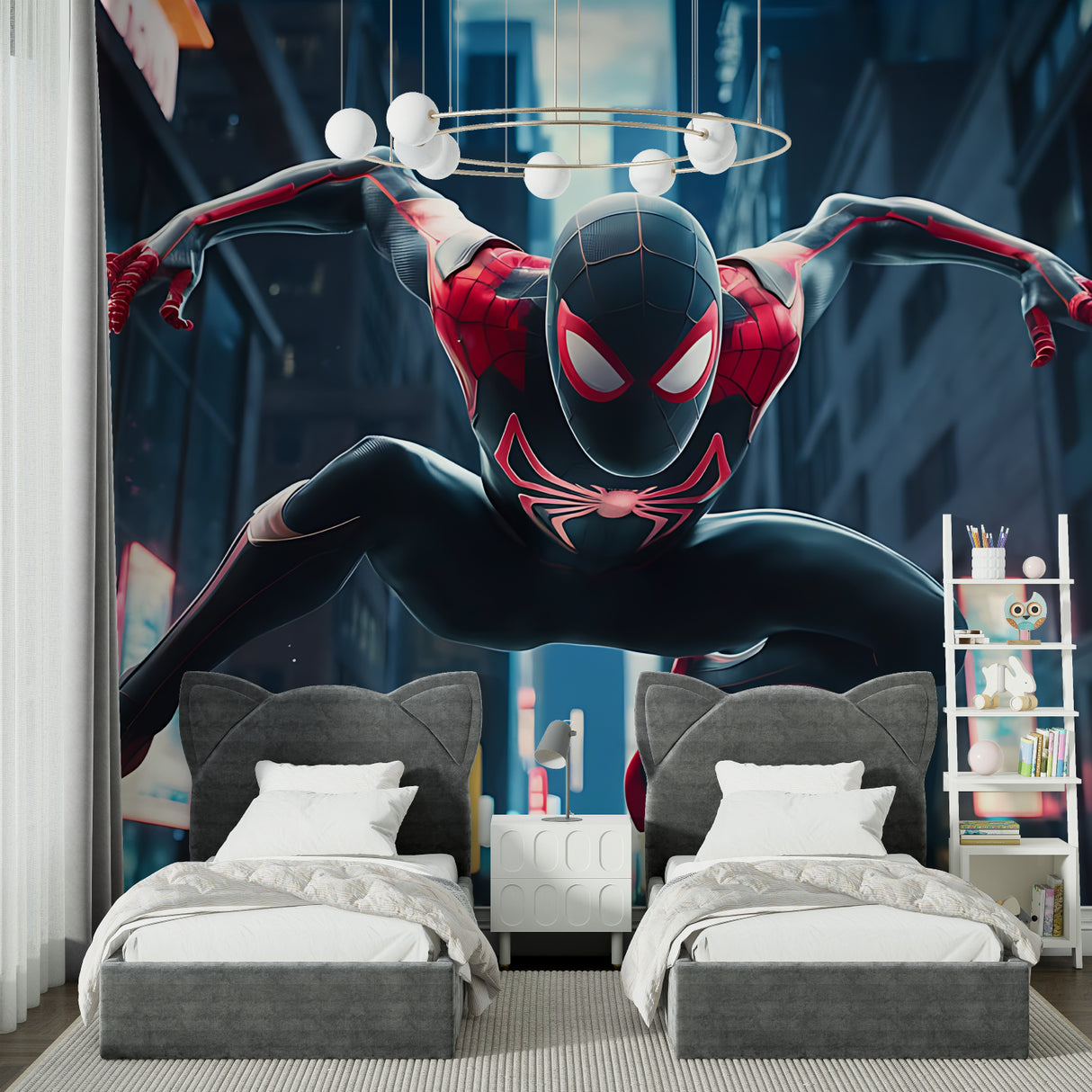 Superhero themed wallpaper transforming a play area with dynamic night scene