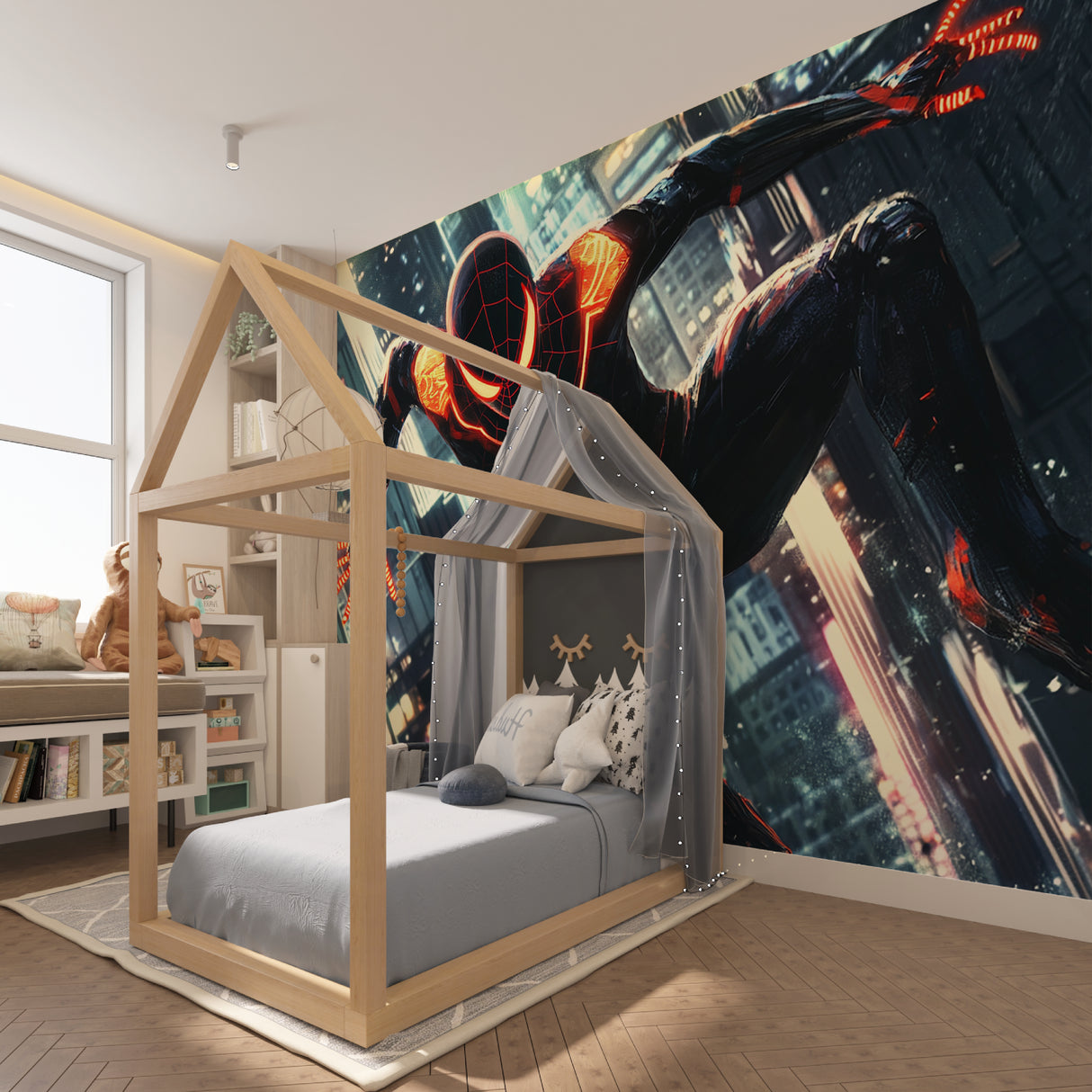 Superhero wall mural in modern teen bedroom showing dynamic black and red spider design