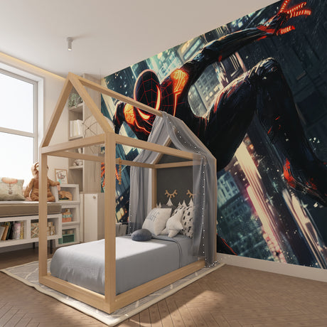 Superhero wall mural in modern teen bedroom showing dynamic black and red spider design