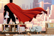 Superhero wallpaper bringing adventure to a modern kids bedroom, red cape billowing against purple sky