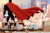 Superhero wallpaper bringing adventure to a modern kids bedroom, red cape billowing against purple sky