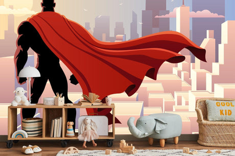 Superhero wallpaper bringing adventure to a modern kids bedroom, red cape billowing against purple sky