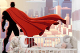 Comic book hero mural installed in a teen gaming room, creating dramatic atmosphere with city lights