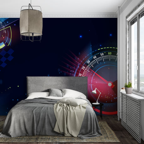 Superhero comic wallpaper creating dynamic atmosphere in modern living room with grey sofa