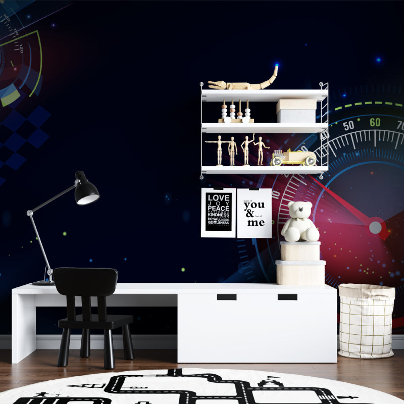 Comic style wallpaper installation in home office with modern furniture
