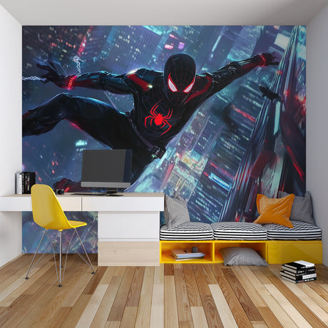 Superhero wallpaper bringing life to a modern gaming room with neon accents