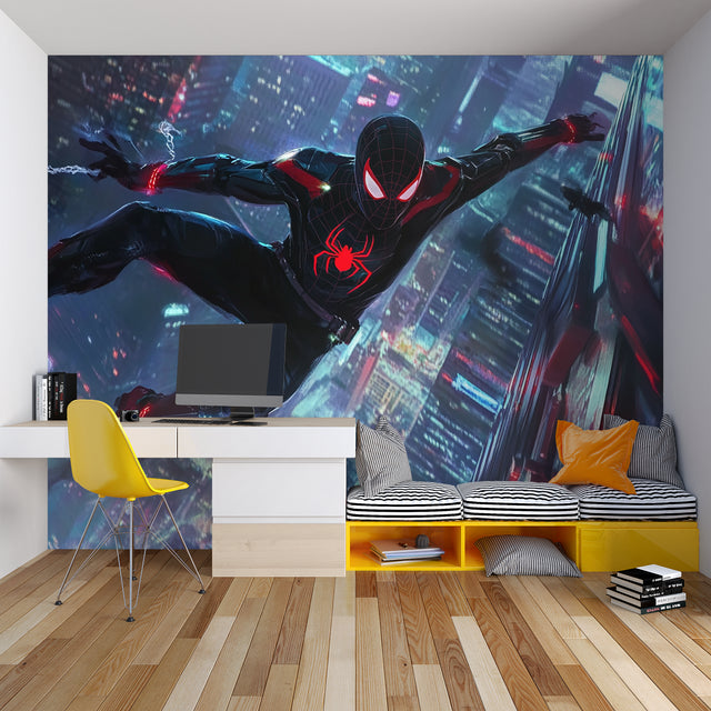 Superhero wallpaper bringing life to a modern gaming room with neon accents