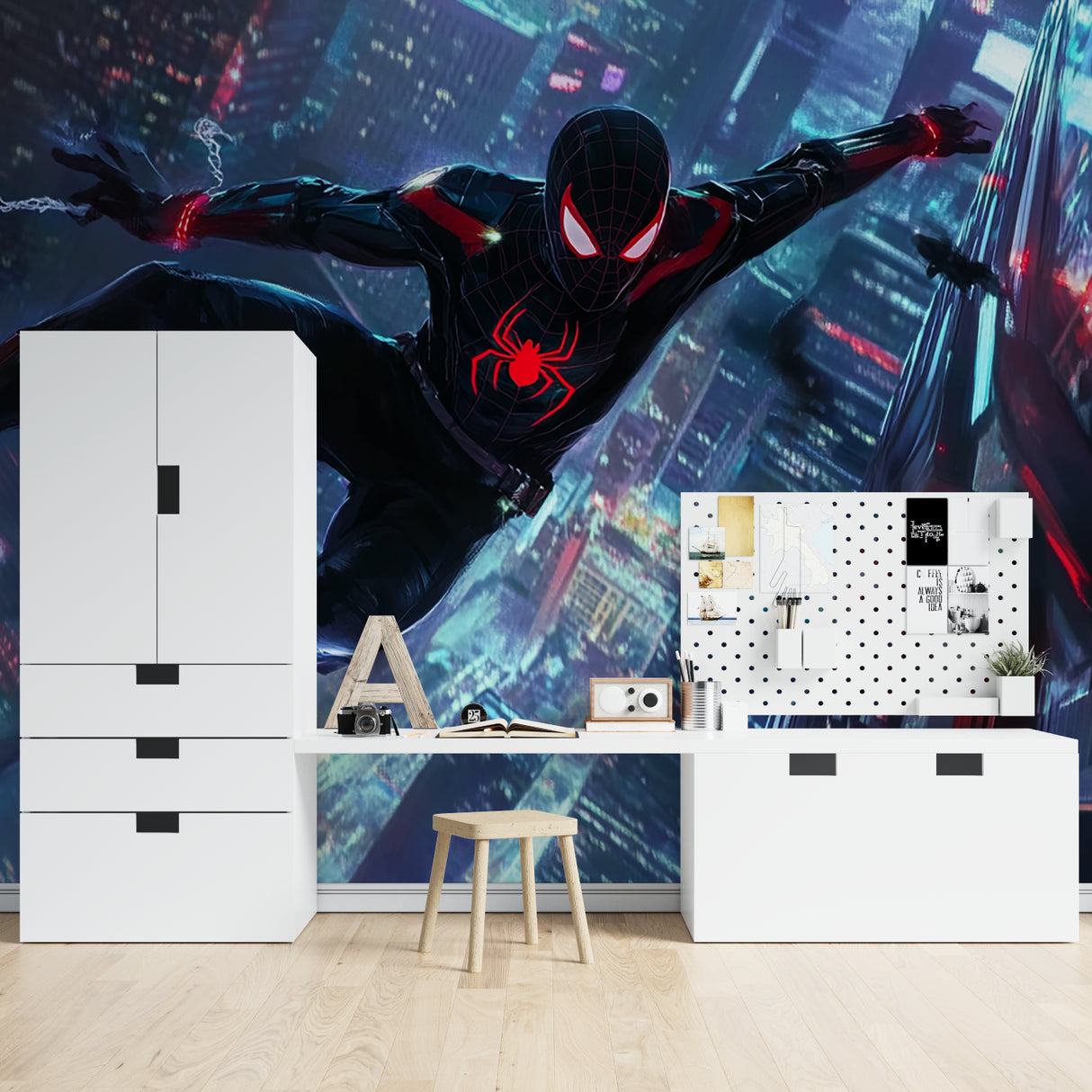 Home office featuring urban superhero wallpaper with LED lighting