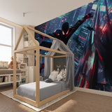 Man cave decorated with neon city superhero wall design