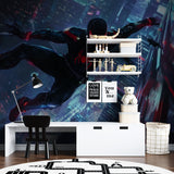 Entertainment room showcasing cyberpunk superhero mural at night