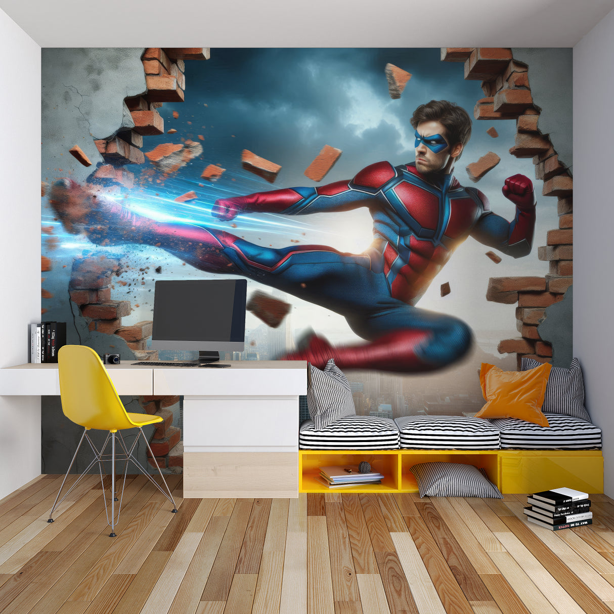 3D action mural installed in a contemporary family room showing scale and impact