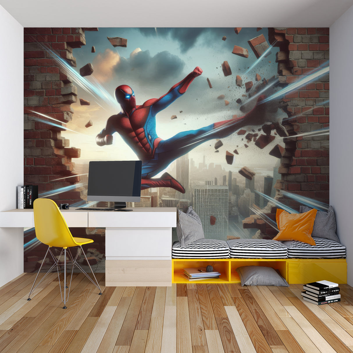 Superhero 3D wallpaper creating dramatic impact in modern gaming room with LED lighting