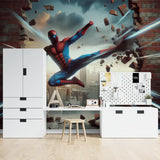 Superhero wall mural adding energy to home theater setup