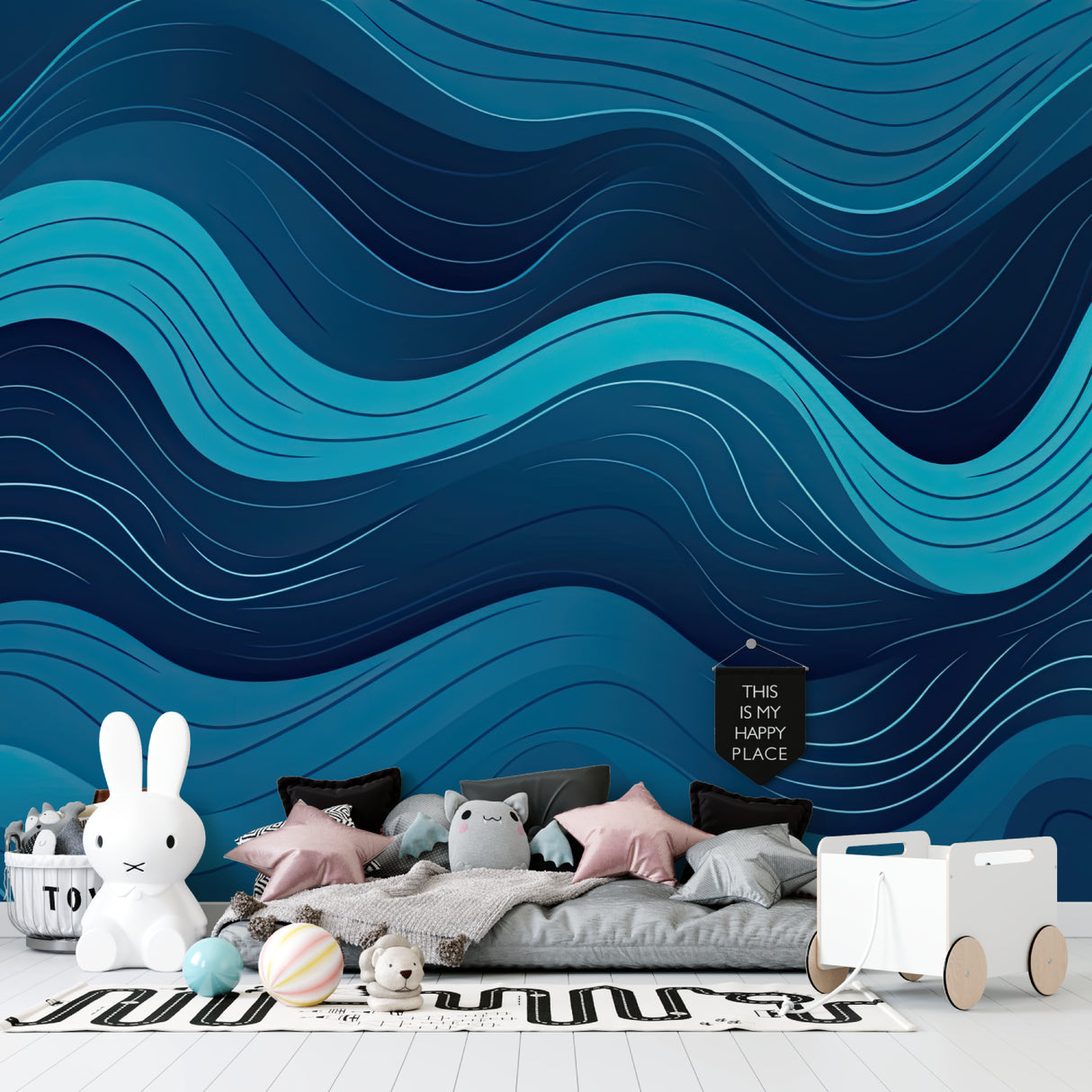 Superhero wall design bringing color to a media room with dramatic cityscapes