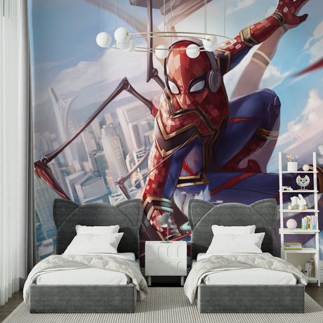 Superhero wallpaper creating drama in modern teen bedroom with gaming setup