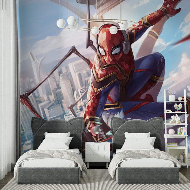 Superhero wallpaper creating drama in modern teen bedroom with gaming setup