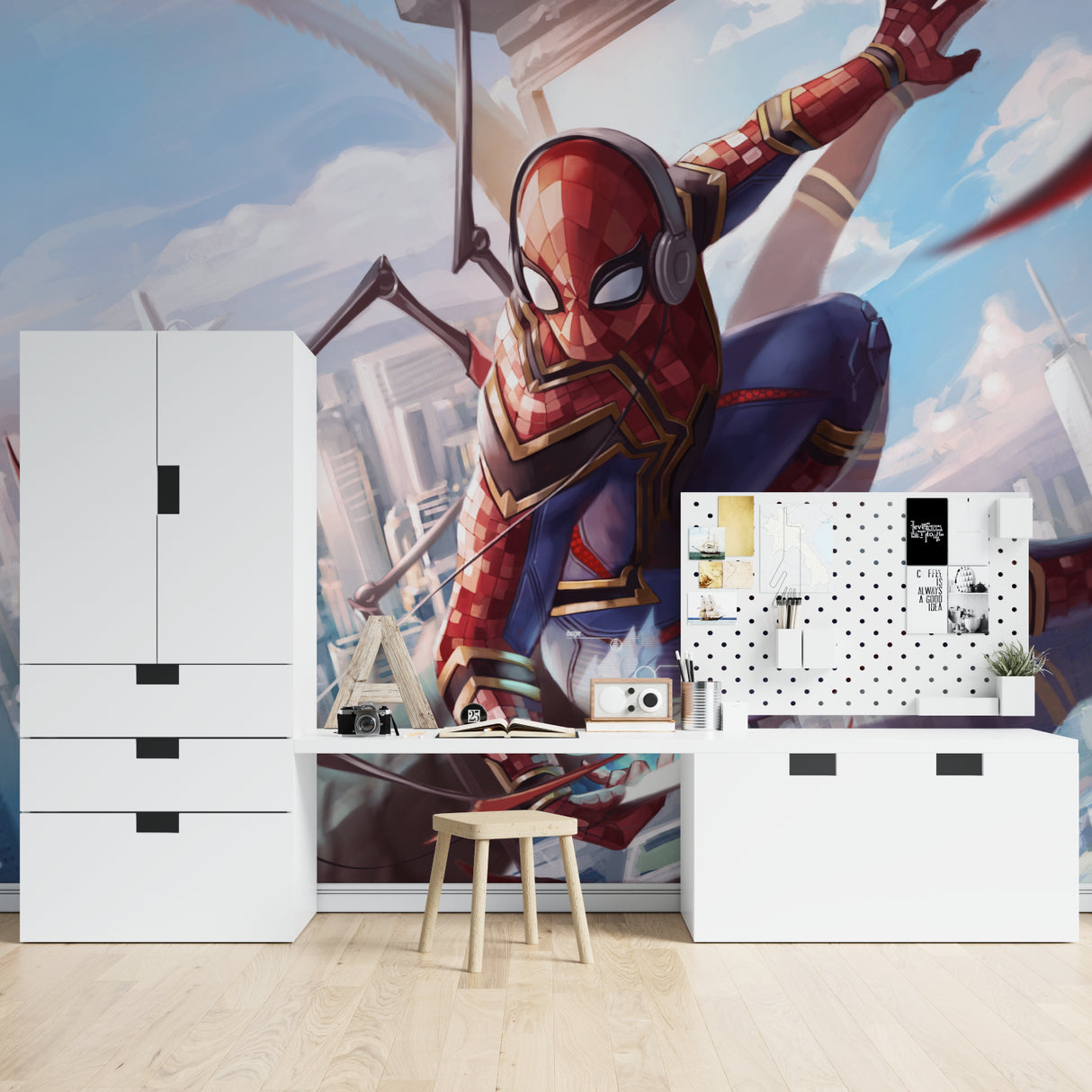 Action hero mural transforming modern gaming room with mood lighting