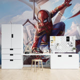 Action hero mural transforming modern gaming room with mood lighting