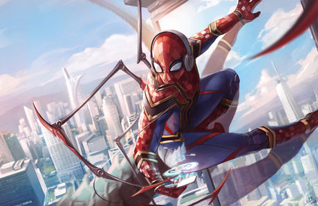 Superhero design file showing detailed city skyline and swinging hero pattern