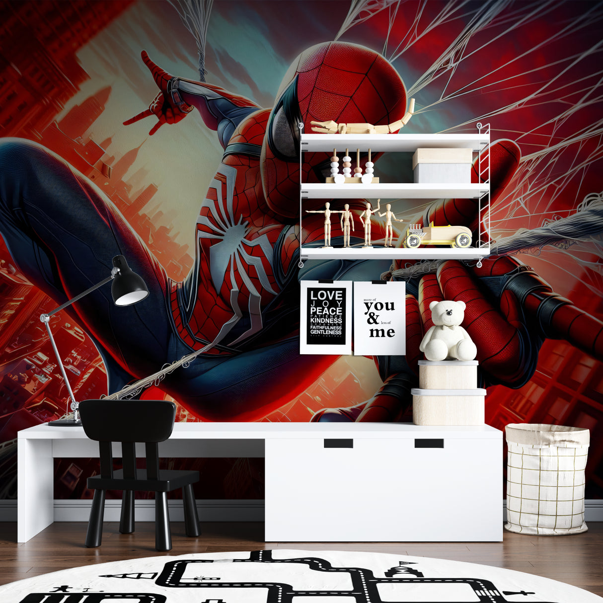 Spider hero wallpaper displayed in a teen gaming room creating an epic atmosphere
