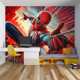 Action hero mural wallpaper showcased in a playroom with dramatic lighting effects