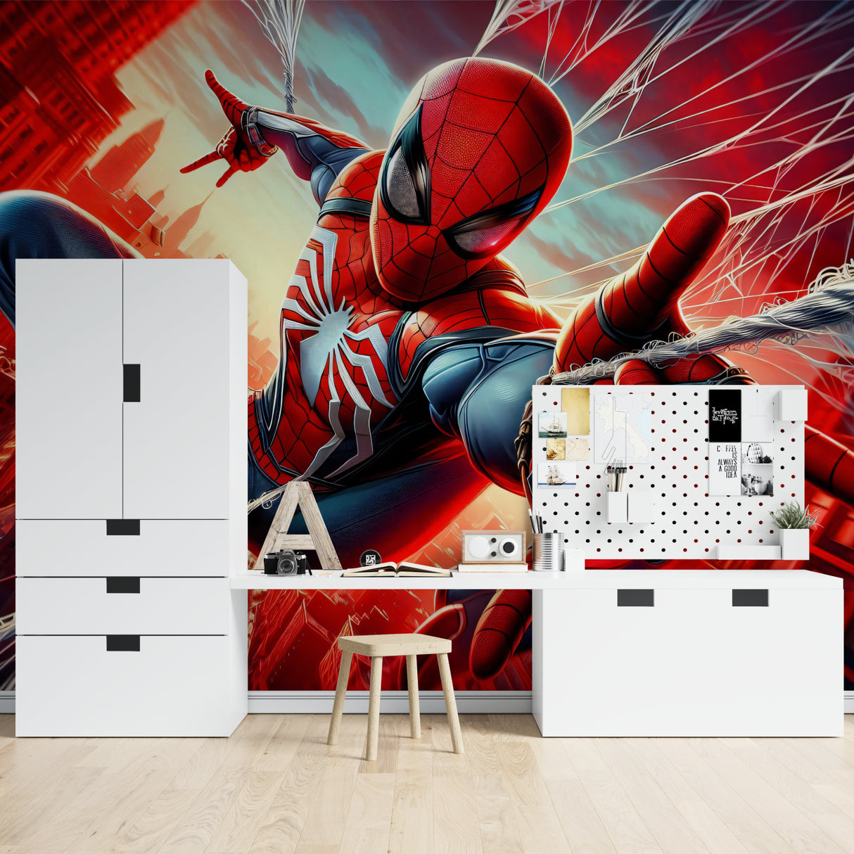 Superhero wall design transforming a study space with dynamic web-swinging action