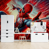 Superhero wall design transforming a study space with dynamic web-swinging action