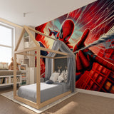 Comic hero wallpaper installed in a modern family room showing scale and impact