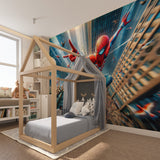 Superhero wall mural bringing excitement to a modern kids bedroom with action-packed spider scene