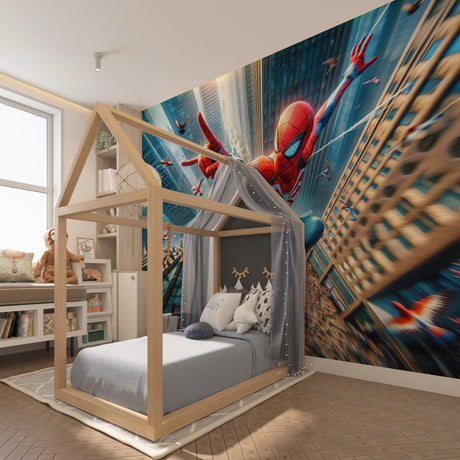 Superhero wall mural bringing excitement to a modern kids bedroom with action-packed spider scene