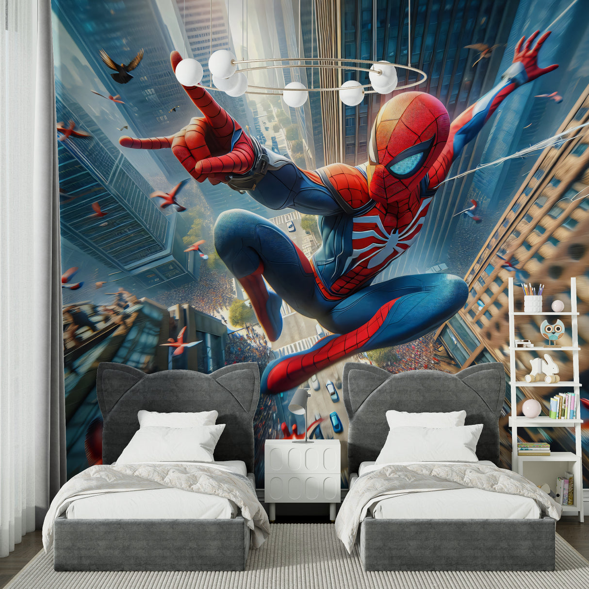 Dynamic superhero wallpaper transforming a teen gaming room with urban action scene