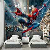Dynamic superhero wallpaper transforming a teen gaming room with urban action scene
